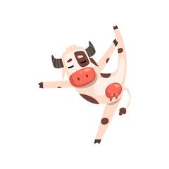 Funny cow farm animal cartoon character doing physical exercise vector Illustration on a white background