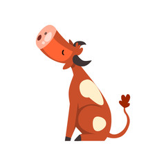 Cute brown spotted cow sitting on the ground and mooing, funny farm animal cartoon character vector Illustration on a white background