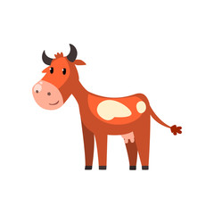 Cute friendly brown spotted cow cartoon character vector Illustration on a white background