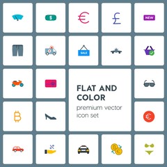 Modern Simple Set of transports, clothes, money, shopping Vector flat Icons. Contains such Icons as  buy, label,  vacation,  offer,  bikini and more on grey background. Fully Editable. Pixel Perfect