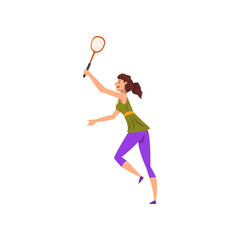 Young woman playing tennis or badminton, active healthy lifestyle concept cartoon vector Illustration on a white background