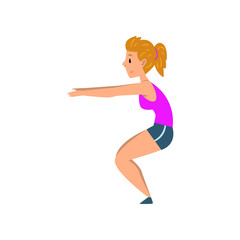 Sportive young woman doing squats, active healthy lifestyle concept cartoon vector Illustration on a white background