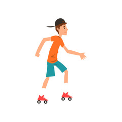 Fototapeta na wymiar Teen boy rolling on roller blades, active healthy lifestyle concept cartoon vector Illustration on a white background