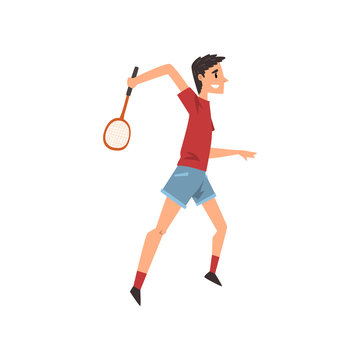 Young man playing tennis or badminton, active healthy lifestyle concept cartoon vector Illustration on a white background