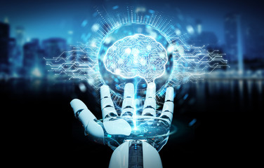 White humanoid hand using digital artificial intelligence icon hologram 3D rendering