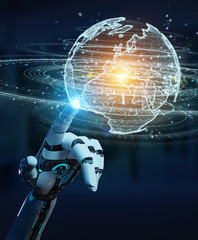 White humanoid hand using globe network hologram with Europe map 3D rendering