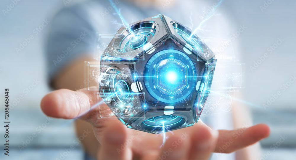 Poster businessman using futuristic drone security camera 3d rendering