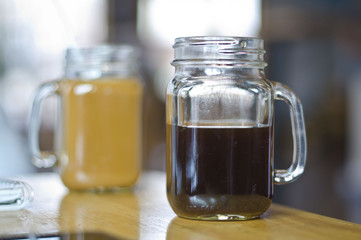 Two cold coffees on the coffee house table. 