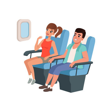 Young tourist couple sitting in airplane seats, people traveling together during summer vacation vector Illustration on a white background
