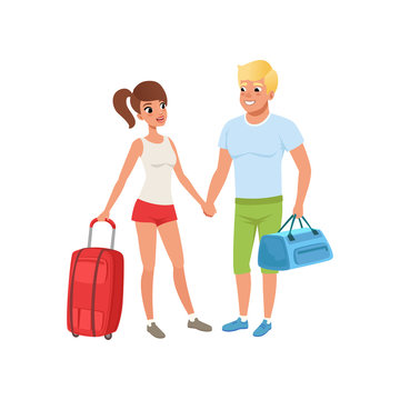 Young couple with travel bags, people traveling together during summer vacation vector Illustration on a white background