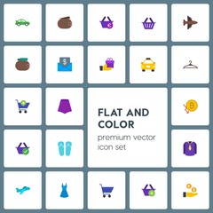 Modern Simple Set of transports, clothes, money, shopping Vector flat Icons. Contains such Icons as cart,  trolley,  beautiful,  airplane and more on grey background. Fully Editable. Pixel Perfect