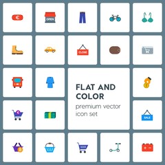 Modern Simple Set of transports, clothes, money, shopping Vector flat Icons. Contains such Icons as banner,  container,  object,  blue, cart and more on grey background. Fully Editable. Pixel Perfect