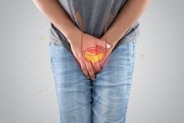 Man wants to pee and is holding his bladder, Urinary incontinence concept - obrazy, fototapety, plakaty