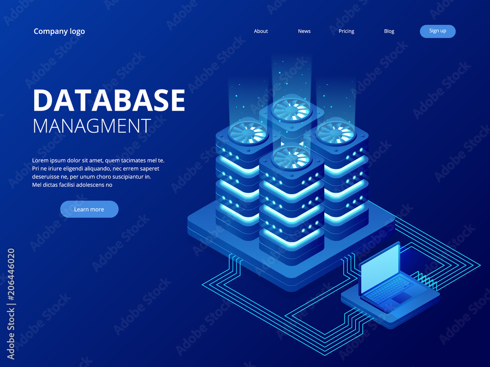 Poster isometric database network management. big data processing, energy station of future. it technician 