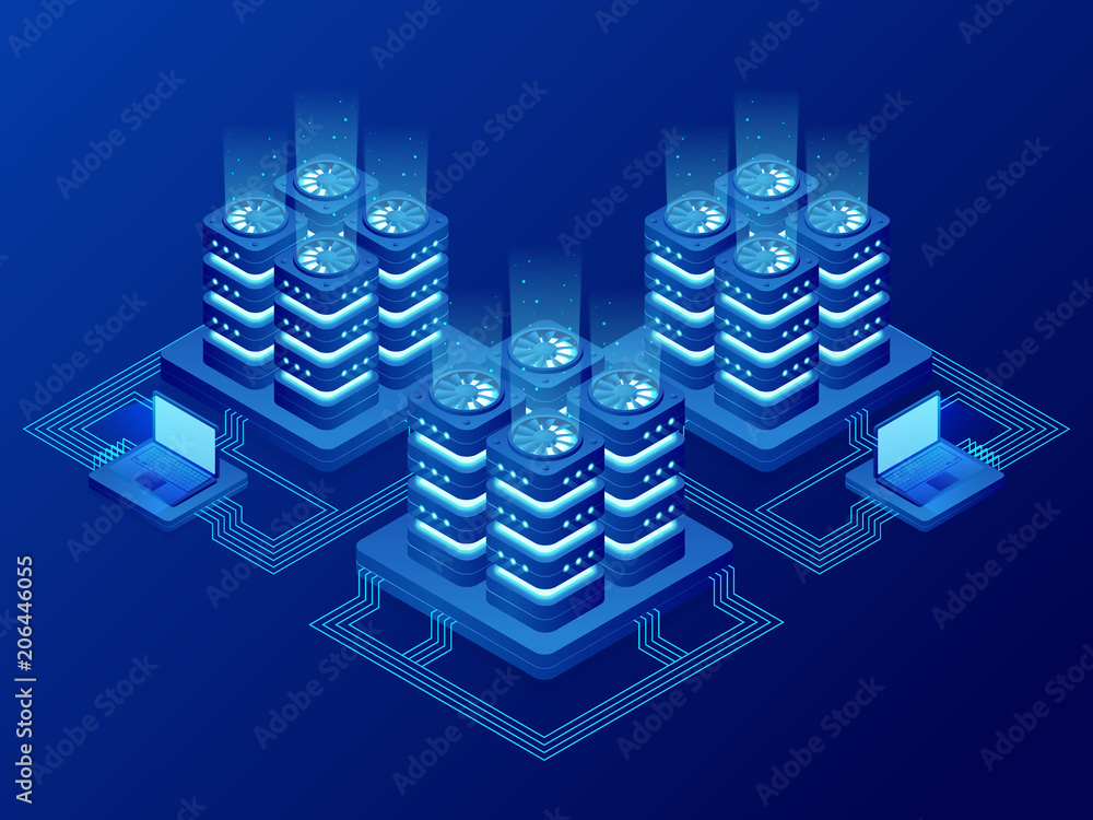 Poster isometric database network management. big data processing, energy station of future. it technician 