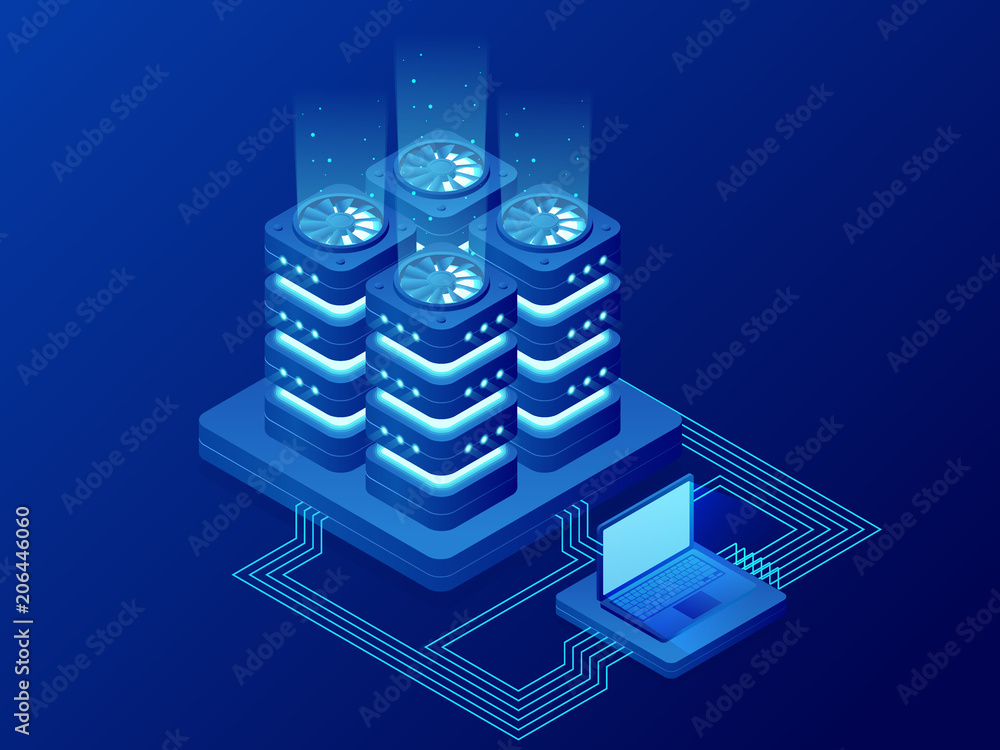 Poster isometric database network management. big data processing, energy station of future. it technician 