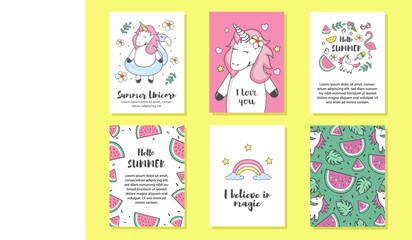 Set cards with unicorns. Poster, postcard, label for printing. Greeting cards with unicorns, hand written text. Summer collection. Set of summer icons and design elements. 