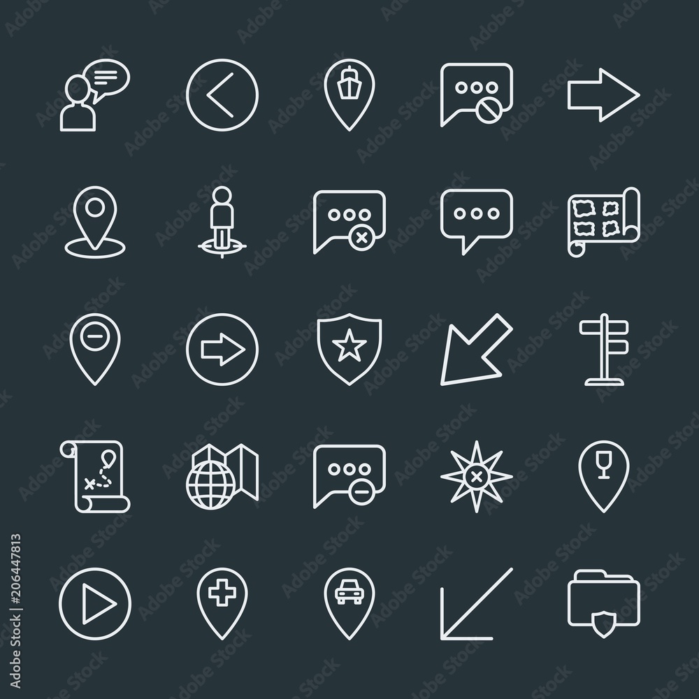 Poster modern simple set of location, arrows, chat and messenger, security vector outline icons. contains s