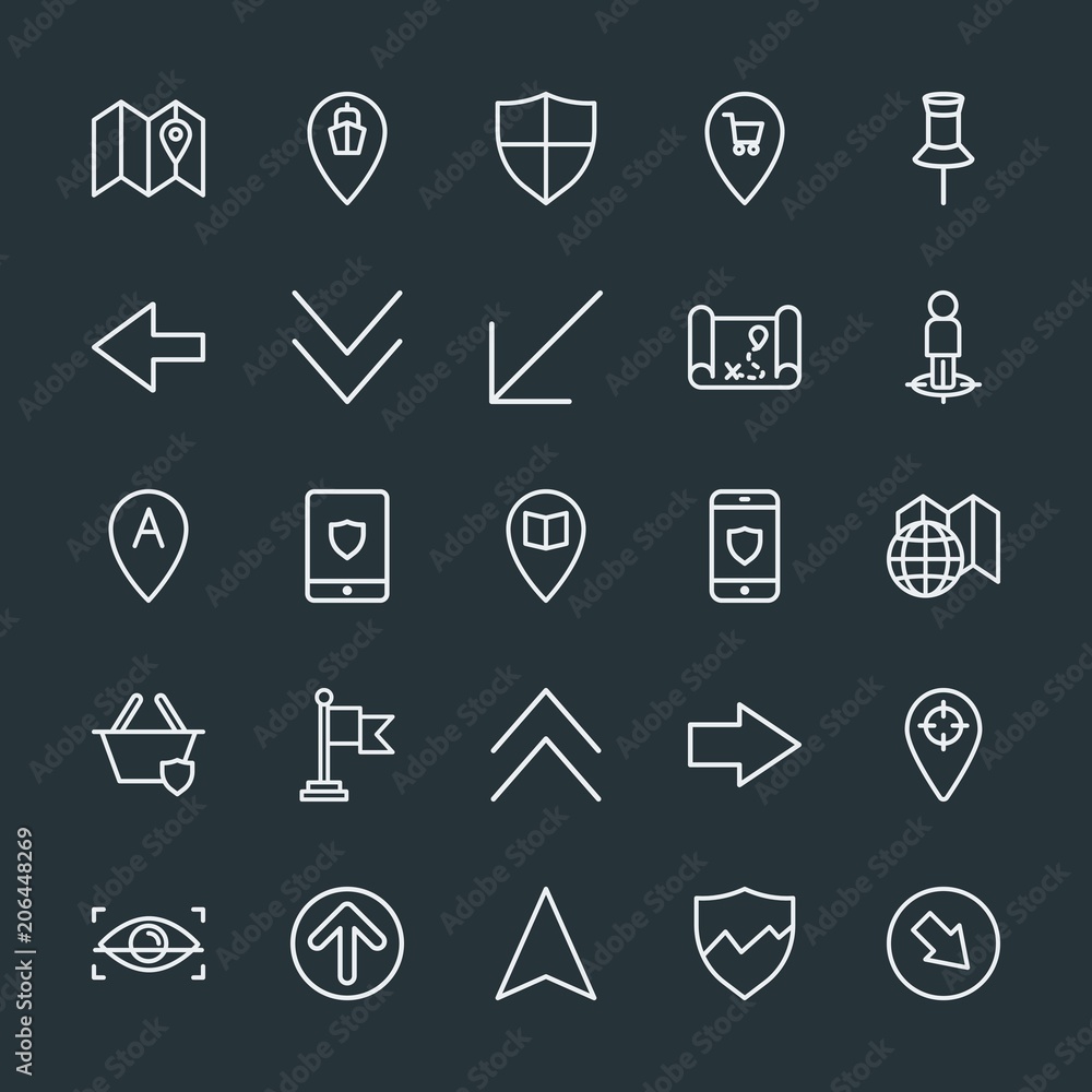 Poster modern simple set of location, arrows, chat and messenger, security vector outline icons. contains s