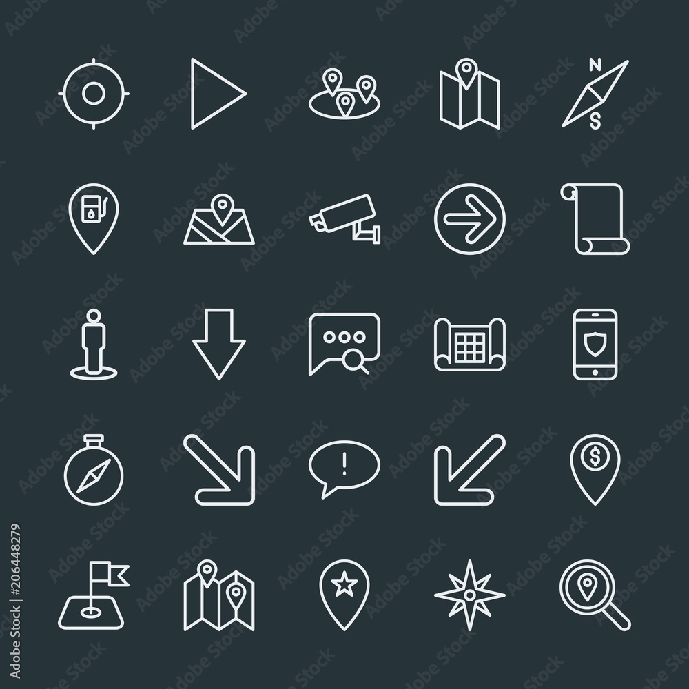 Poster modern simple set of location, arrows, chat and messenger, security vector outline icons. contains s
