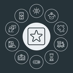 education, kids and toys Infographic Circle outline Icons Set. Contains such Icons as  business,  train,  cube,  library,  app,  investment, vision,  baby, bus and more. Fully Editable. Pixel Perfect