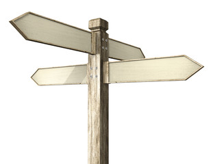3D illustration of crossroads signpost indicating travel or indecision