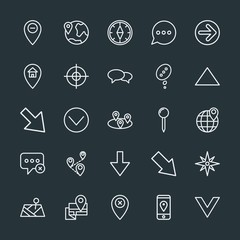 Modern Simple Set of location, arrows, chat and messenger, security Vector outline Icons. Contains such Icons as  phone, arrow, home, delete and more on dark background. Fully Editable. Pixel Perfect.