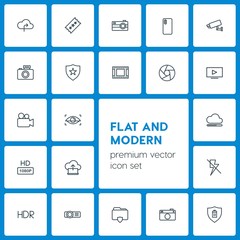 Modern Simple Set of cloud and networking, security, video, photos Vector outline Icons. Contains such Icons as  tourism,  internet, cinema and more on dark background. Fully Editable. Pixel Perfect