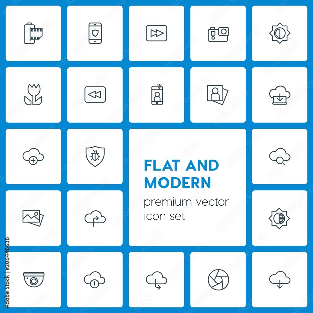 Poster modern simple set of cloud and networking, security, video, photos vector outline icons. contains su