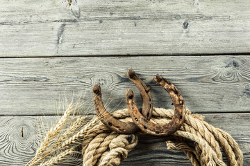 Old horseshoe and rope on wooden boards