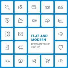 Modern Simple Set of cloud and networking, security, video, photos Vector outline Icons. Contains such Icons as  business, camera,  light and more on dark background. Fully Editable. Pixel Perfect