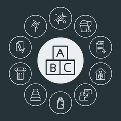 education, kids and toys Infographic Circle outline Icons Set. Contains such Icons as  toy,  fun,  sharing,  tutor, communication,  old,  drink, shovel,  laptop and more. Fully Editable. Pixel Perfect