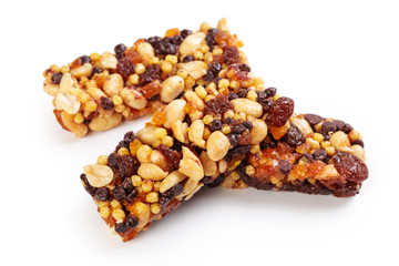 Healthy granola munchies on white background