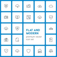 Modern Simple Set of cloud and networking, security, video, photos Vector outline Icons. Contains such Icons as  photography,  clouds, data and more on dark background. Fully Editable. Pixel Perfect