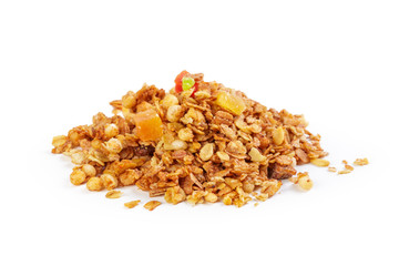 Granola with dried fruits isolated on white