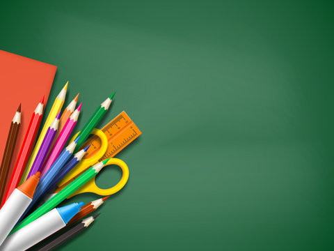 Realistic school supplies on blackboard background. Back to school template with place for text, vector illustration.