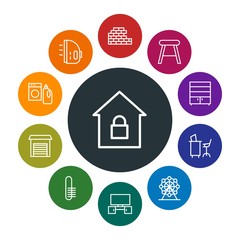 buildings, furniture, housekeeping Infographic Colorful outline Icons Set. Contains such Icons as chair,  distribution,  seat,  background, closet, london, hot and more. Fully Editable. Pixel Perfect
