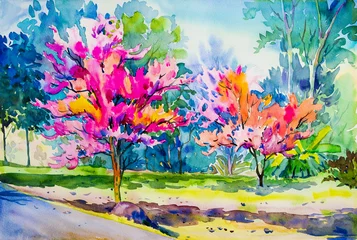 Abstraktes Malerei-Aquarell-Original der wilden Himalaya-Kirschblüte © Painterstock
