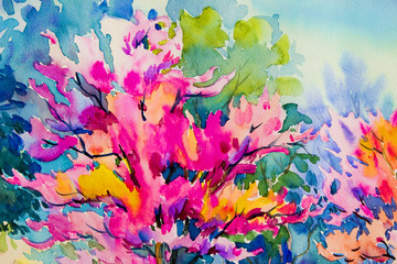  Abstract watercolor landscape painting  colorful of Wild himalayan cherry flowers.