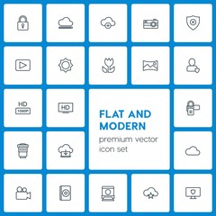 Modern Simple Set of cloud and networking, security, video, photos Vector outline Icons. Contains such Icons as  add,  photography,  white and more on dark background. Fully Editable. Pixel Perfect