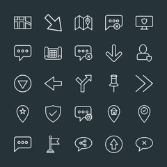 Modern Simple Set of location, arrows, chat and messenger, security Vector outline Icons. Contains such Icons as diagonal,  street,  banner and more on dark background. Fully Editable. Pixel Perfect.