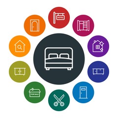 buildings, furniture, housekeeping Infographic Colorful outline Icons Set. Contains such Icons as  hanger, home,  shirt,  door,  furniture,  house, cut,  shine and more. Fully Editable. Pixel Perfect