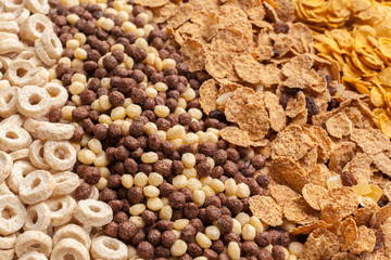 Variety of cold cereals, quick breakfast for kids overhead shot