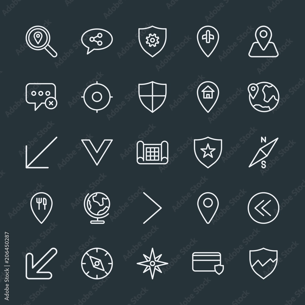 Poster modern simple set of location, arrows, chat and messenger, security vector outline icons. contains s