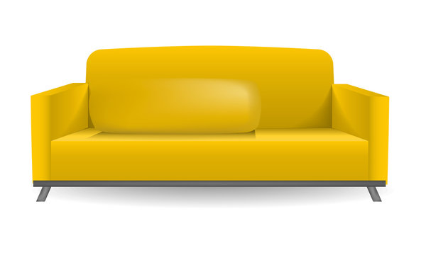 recommend clip art: Yellow sofa mockup. Realistic illustration of yellow sofa vector mockup for web design isolated on white background