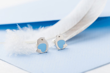 Bird shape with heart earring studs on blue background with feather