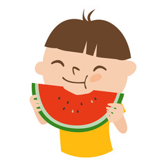 日本の夏、スイカを食べて喜んでいる男の子のイラスト