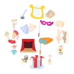 Theatre Icons set in cartoon style isolated on white background