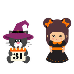 cartoon cute witch with bow and cat black sitting in hat with calendar