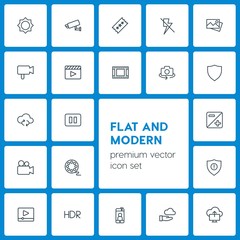 Modern Simple Set of cloud and networking, security, video, photos Vector outline Icons. Contains such Icons as selfie, light,  film,  pause and more on dark background. Fully Editable. Pixel Perfect